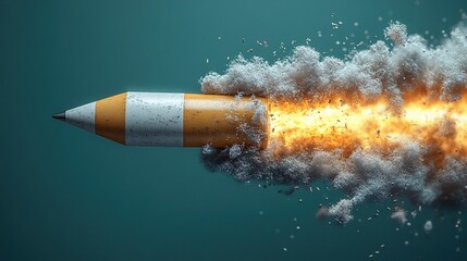 Pencil rocket launching with smoke trail on teal background