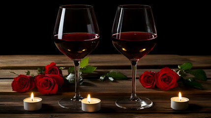 A romantic setup with two glasses of red wine, red roses, and glowing candles on a wooden desk
