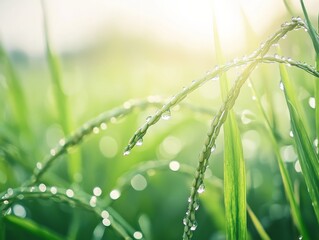 Obraz premium Close-up of rice plants with dewdrops in a field. Featuring morning dew on green rice stalks. Highlighting natural beauty and freshness. Ideal for nature and agricultural content.