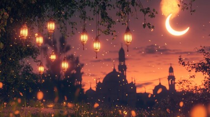 Enchanted Ramadan Night:  Mosque Silhouette Under Crescent Moon with Glowing Lanterns