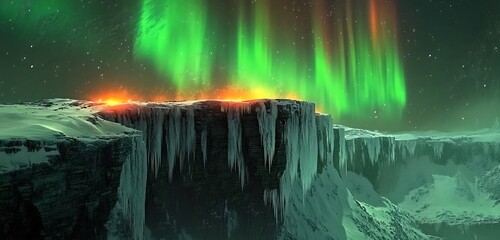Intense green and orange northern lights illuminating snow-covered cliffs with an ethereal glow