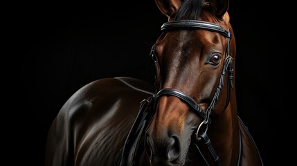 Portrait of a bay horse in a bridle on a black background
