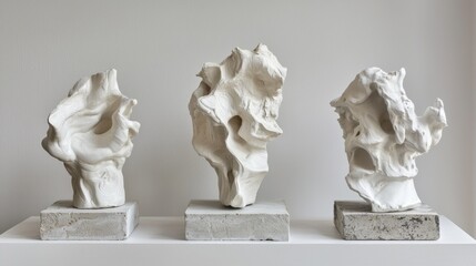 Fototapeta premium Abstract white sculptures on pedestals displaying organic forms and textures