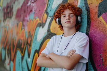 Fototapeta premium Portrait of a red-haired boy with headphones listening to music. 