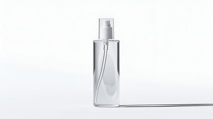 Clear spray bottle with white pump dispenser on a white background.  Perfect for product mockups or minimalist designs.