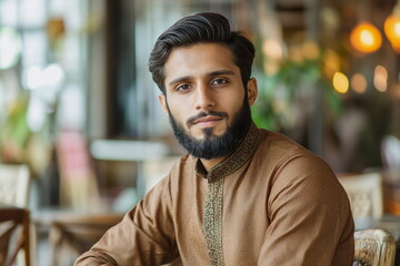Obraz premium Portrait of handsome bearded Indian man looking at camera while sitting in cafe 