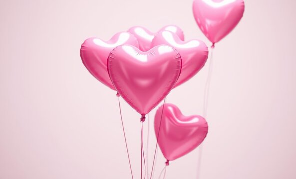 Pink heart balloons, Valentine's Day, romantic atmosphere, soft lighting, pastel colors, metallic sheen, floating hearts, love concept, glossy surfaces, delicate textures, dreamy aesthetic, gentle sha