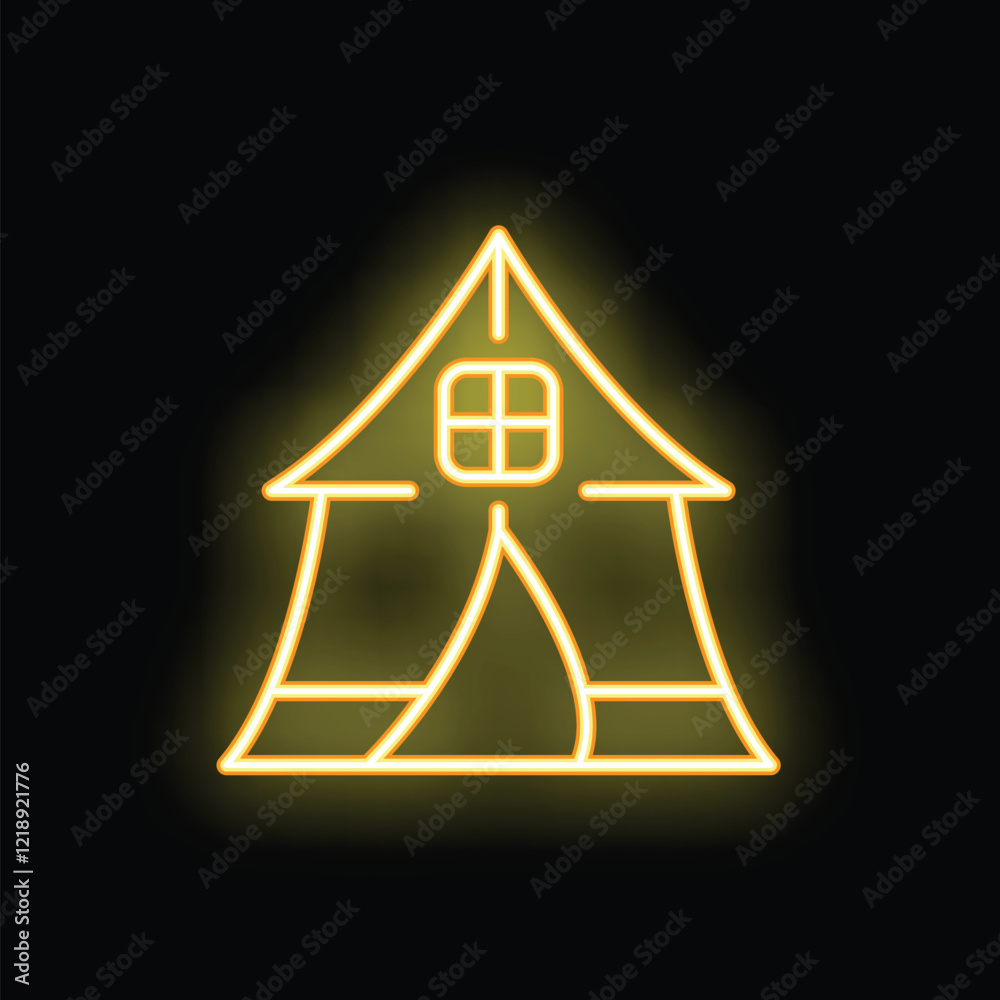 Wall mural Bright neon icon depicting a camping tent, perfect for representing outdoor adventures and travel