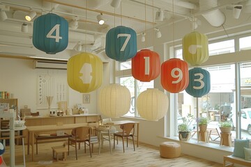 A cozy, modern interior featuring colorful hanging lamps with numbers, complemented by wooden furniture and large windows allowing natural light.