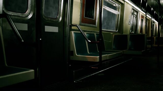 An empty subway car with open doors, illuminated by the glow of city lights at night.