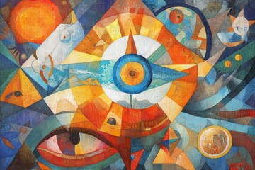 Vibrant abstract art featuring bold colors and geometric shapes inspired by human expression and nature's beauty