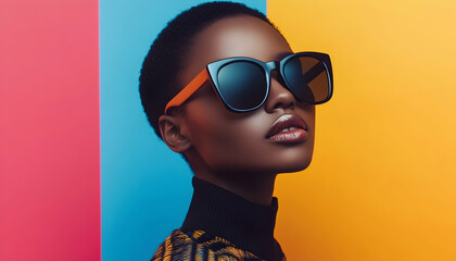 Stylish individual posing confidently against a colorful background with modern sunglasses  -