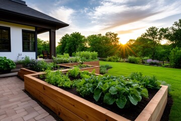 Fototapeta premium Backyard vegetable garden growing in raised beds at sunset
