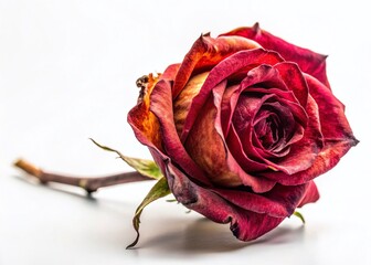 Dried Red Rose Single Flower, White Background, Copy Space, AI Photo