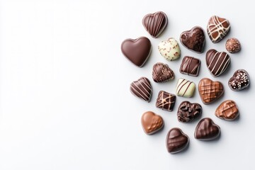 A heart-shaped box of chocolates, filled with various types and shapes of chocolate on a white background, top view.