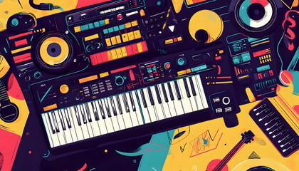 Tribute to music legends featuring a vibrant illustration of a soundboard with diverse genre elements  -