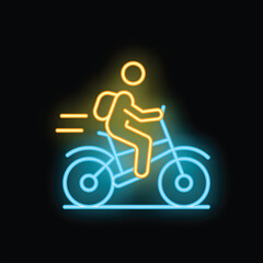 Fototapeta premium Neon sign of a student riding a bicycle with a backpack, symbolizing active lifestyles and education