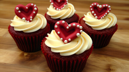 Cupcakes with a mix of red and white heart-shaped decorations, topped with a swirl of icing and edible pearls for a festive touch.