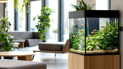 stylish fish tank serves as focal point in minimalist living space, surrounded by lush greenery and modern furniture, creating serene atmosphere