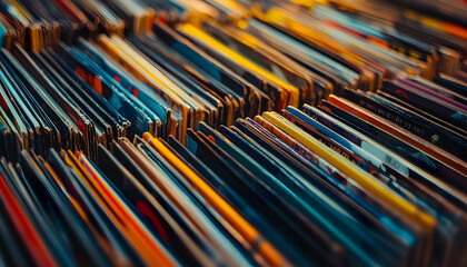 Vibrant record store interior with rows of vinyl albums showcasing artistic covers across diverse genres  -