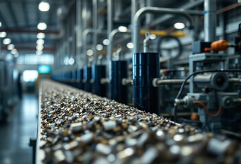 Production line in a recycling factory processes materials for reuse, showcasing efficiency and modern technology in waste management systems.
