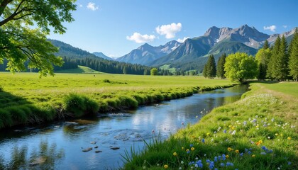 Scenic Flowing River in Mountain Valley Surrounded by Lush Greenery and Wildflowers for Concept World Water Day
