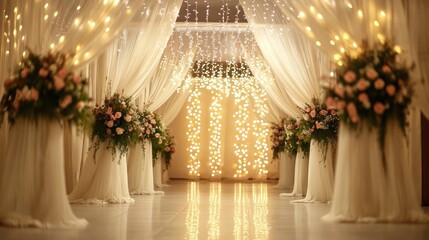 Romantic Wedding Aisle Decor: Sheer Drapes, Fairy Lights, and Roses