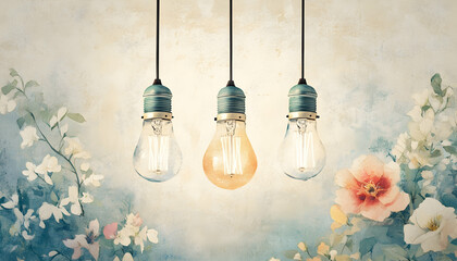 Vintage lightbulb illustration rendered in watercolor style with nostalgic charm  -
