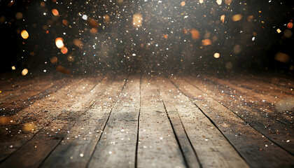 Vintage-style wooden floor with shimmering confetti falling, capturing a lively and celebratory atmosphere for a memorable event or party  -