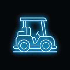 Blue neon sign of a golf cart glowing on a black background