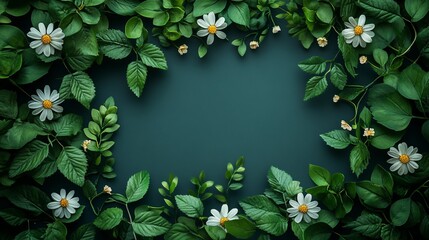 Vibrant Green Background Adorned with Delicate White Flowers and Lush Green Leaves Creating a Fresh and Natural Atmosphere Ideal for Seasonal Themes and Nature Inspired Designs and Artworks