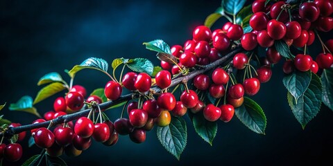 Fototapeta premium Low Light Kornelkirsche Berries, Night Photography, Dark Red Fruit, Autumnal Scene