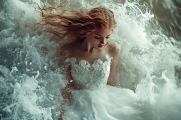 Obraz premium Bride wearing white wedding dress posing in stormy sea waves with long hair blowing in wind