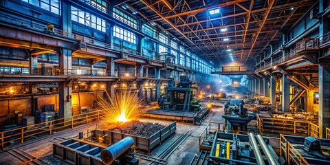 Obraz premium Low Light Industrial Metalworking Factory: Steel Air Conditioning Pipe Manufacturing