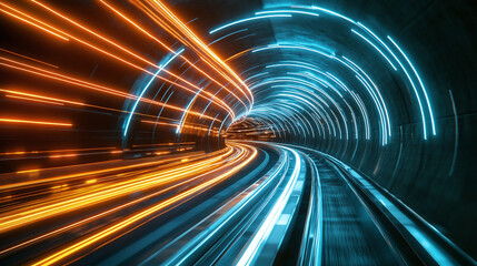 Fototapeta premium A futuristic tunnel illuminated with bright neon lights in blue and orange, featuring curved lines and high-speed motion, evoking innovation and urban technology.