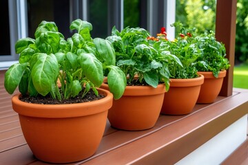 Terracotta pots with basil, pepper and flowers growing on a wooden deck