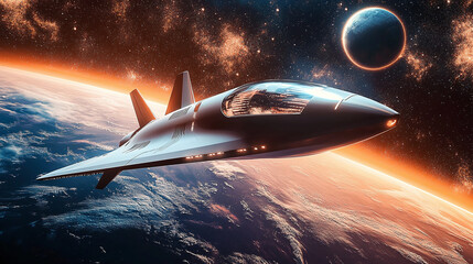 A futuristic spaceship flying near Earth, with a glowing horizon and a backdrop of stars, symbolizing exploration, innovation, and the wonders of space travel.