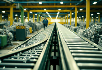 Conveyor belts move recyclable materials through a wide industrial space, highlighting the efficiency of resource processing.