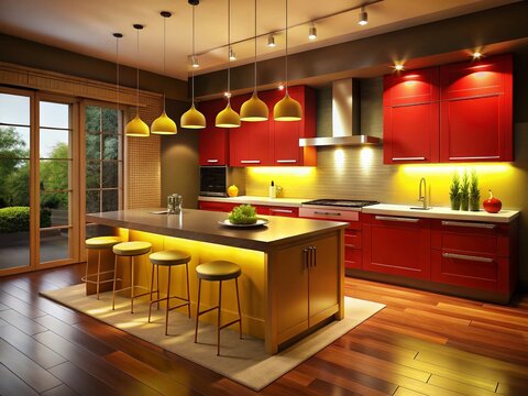 Low Light Photography: Vibrant Yellow & Red Kitchen Interior