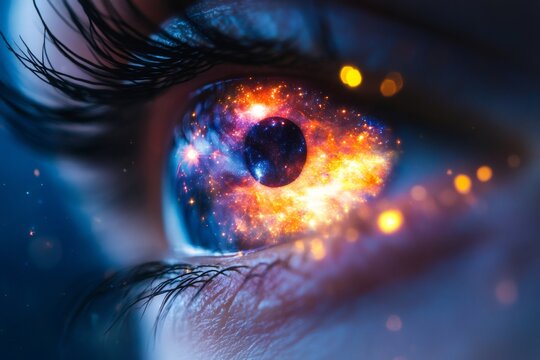 Eye reflecting colorful nebula and planets, exploring the universe within