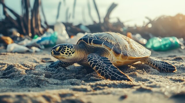 Sea turtle crawling on sandy beach littered with plastic waste during sunset in a coastal area