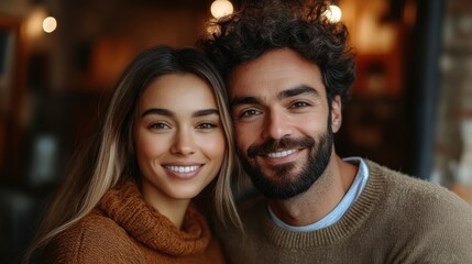 Couple enjoying a cozy moment in a warm cafe during autumn with soft lighting and casual attire