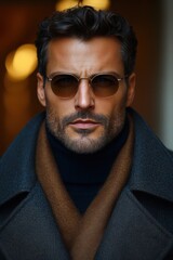 Obraz premium Stylish man in sunglasses and coat exudes confidence in urban setting during autumn