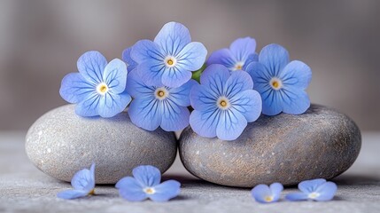 Blue flowers on stones, spa, calm background, wellness