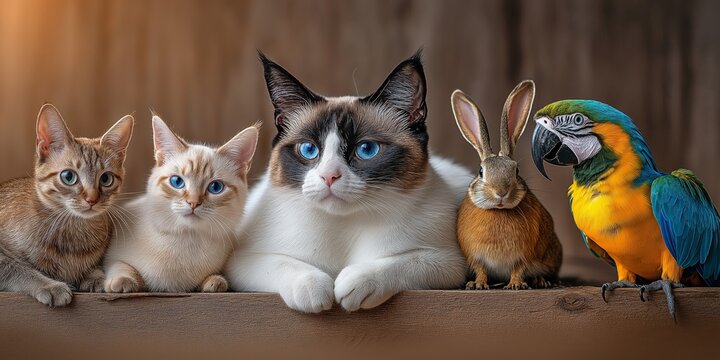 Adorable pets posing together celebrating National Pet Day