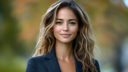 Obraz premium Woman smiling, autumn park, portrait, headshot, professional