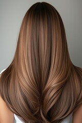 Naklejka premium Beautiful long hair with a silky finish, showcasing rich brown and blonde highlights under soft lighting indoors