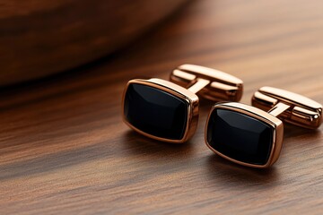 Elegant black cufflinks on a wooden surface highlighting sophistication and style for formal occasions