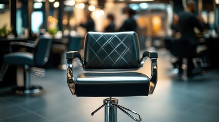 Stylish black salon chair in a modern barbershop with clients and barbers at work