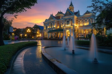 Fototapeta premium Grand Building at Sunset with Illuminated Fountains